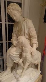 large 19thC. carved marble statue depicting young boy with goat signed by listed Italian  artist...with stand,, approx. 6'4"  high ..   statue only 41" high 15" wide 23" deep....$9,500  signed G. Andreoni ( Lcullov  (Pisa)