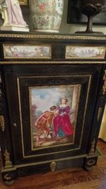 Victorian music cabinet,,,as is,, $2,400 believe to be inset with Sevres painted plaques