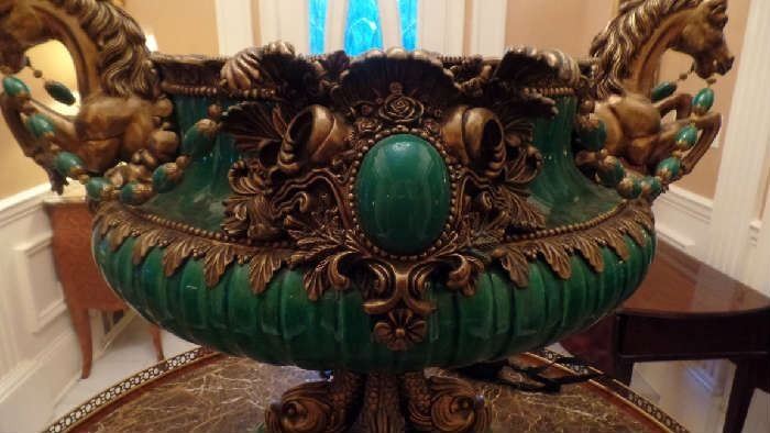 rare centerpiece bronze and porcelain malachite color..approx 20" high x 25" wide weighs approx 175 lbs.$12,500
