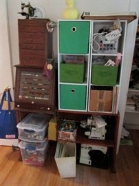 Mini Singer Sewing Machine, Antique Wood Button Box, Antique Corticelli Thread Box