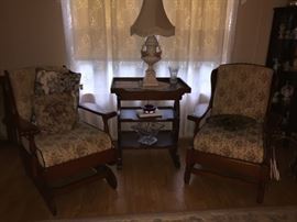 CH Hartshorn rocker and chair, side table, lamp, crystal bowl and vase