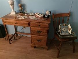 Wood desk and chair, Bulova clocks
