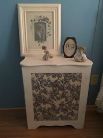 Dresden figurines, artwork, picture frame, clothes hamper / storage unit