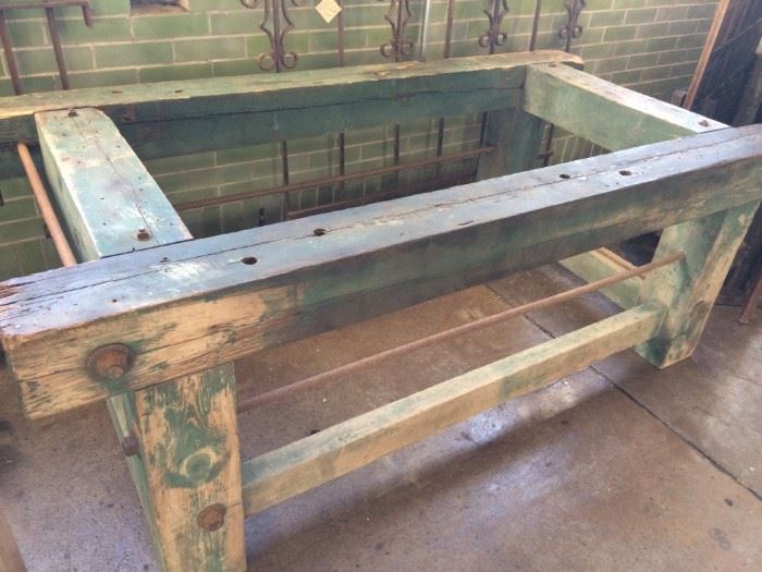 Bolter saw base table.  Aged, rustic wood and metal. Very heavy, solid piece. Can be repurposed into a commercial or residential table, or on it's side could make a counter. 6' W x 3'-4.5"D x 2'-2"H  $1175 OBO
