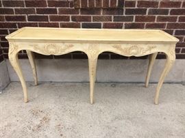 Henredon French Provincial sofa table with decorative details on front and cabriole legs.  4'-8"W x 15.75"D x 2'-3"H $400
