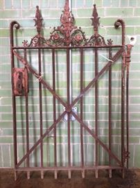 Stylish old wrought iron gate with lock still attached. Iron needs welding in one spot that came loose near top right. (plastic zip tie shown in photo) 32"W x 52"H  $350
