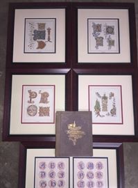 This is a  medieval gold leaf alphabet letter book dated 1876. We have over 20 of these beautiful pages that are matted and framed. They look wonderful in groupings on the wall.  Most frames are 13" W x 14"H $30 ea, 2 for $50, other grouping discounts available