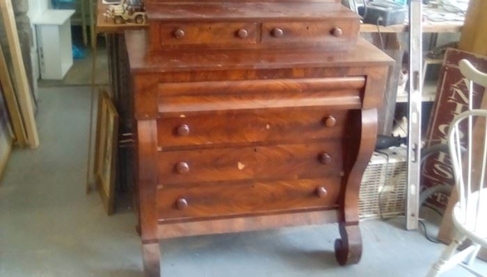 1820's Empire mahogany chest with book matched burl front and two glove drawers