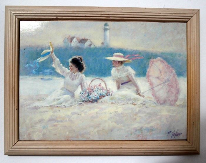 Framed art, ladies on beach