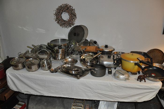 Cookware and vintage appliances. Lots of high quality stainless pots and pans