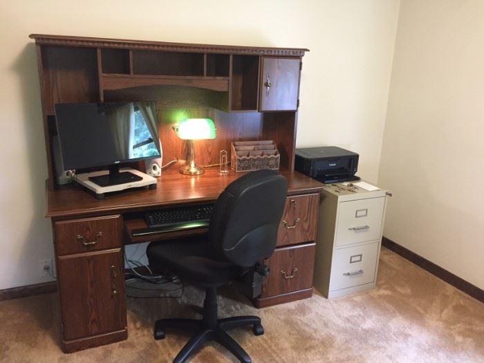 Desk, chair, monitor, printer/scanner, filing cabinet, desk lamp, etc. all for sale.  Dimensions of desk without top 30" height x 59" width x 24" depth.  With top 60" height.  Very good condition.