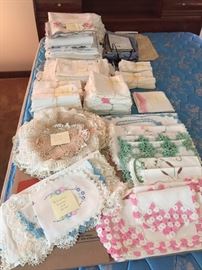 Beautiful selection of tablecloths, runners, doilies.  Many handmade or hand embroidered.  Excellent condition.