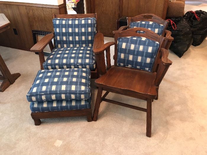 A Brandt Ranch Oak arm chair with ottoman, 2 matching Ranch Oak arm chairs with cushioned back