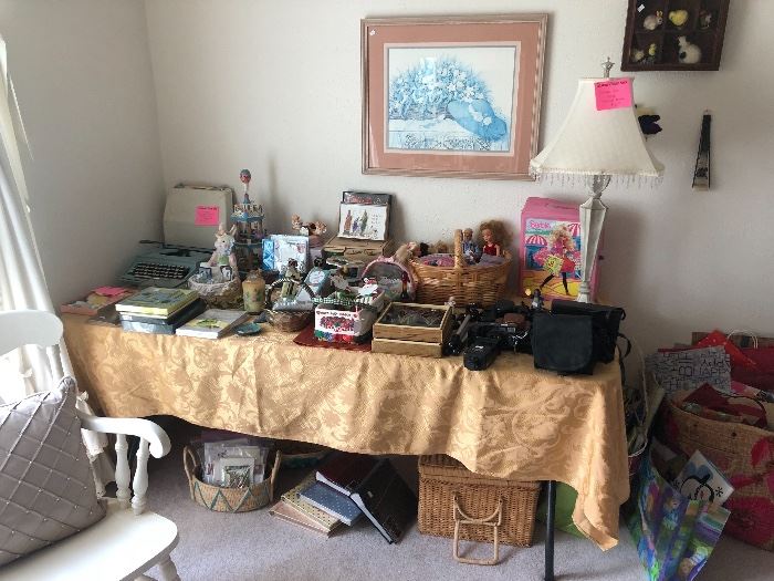 Typewriter, Barbies, lamp and misc