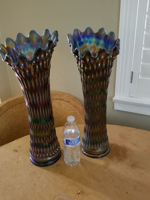 Huge pair of matching Carnival Glass Funeral vases-very rare!!  They are both 19 1/2 in tall ! (about as tall as they get.) The base color is blue. Call for inquiries