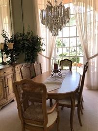 COORDINATING DINING ROOM TABLE & CANE BACK CHAIRS WITH NEUTRAL UPHOLSTERED SEATS JUST IN TIME FOR THE HOLIDAYS 