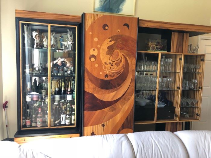 FANTASTIC CUSTOM MADE MCM DISPLAY/STORAGE UNIT 
THE WOOD DOOR SLIDES TO REVEAL MORE STORAGE SHELVES
IT COMES APART IN 3 SECTIONS FOR EASY TRANSPORT 
