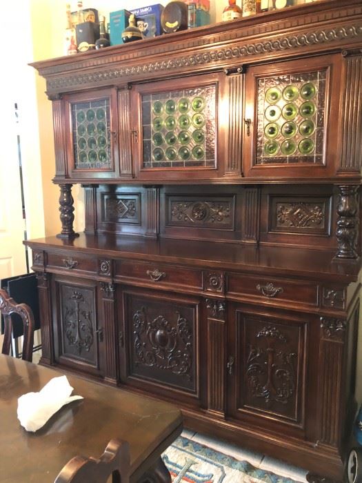 ENORMOUS 1880'S ANTIQUE JACOBEAN SIDEBOARD WITH RARE BOTTLE BOTTOM/ BULLEYE GLASS DOORS 