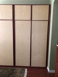 # 1 A PAIR OF COORDINATING XTRA LARGE MCM WOODEN WARDROBES ( TONS OF STORAGE ) DIFFERENT CONFIGURATIONS INSIDE
