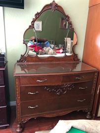ANTIQUE  2 OVER 2  DRESSER WITH SCALLOPED MIRROR  GREAT SHAPE