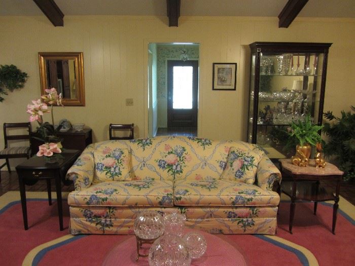 Sofa, side tables, china cabinet, more