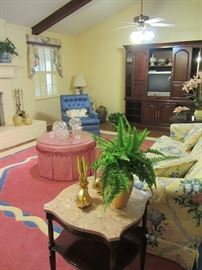 Marble top side table, barrel upholstered table, more