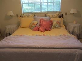 King size bed w/headboard, side tables, bedding, more