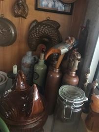 ANTIQUE AND VINTAGE STONEWARE WINE BOTTLES AND BOTTLE TOPPERS