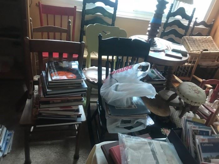 LOTS OF BOOKS, ANTIQUE AND VINTAGE WOODEN CHAIRS, PAPER
