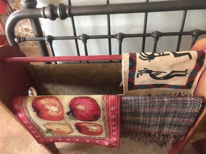 QUILTS, BLANKETS, QUILT RACKS, METAL BED HEADBOARD AND FOOTBOARD
