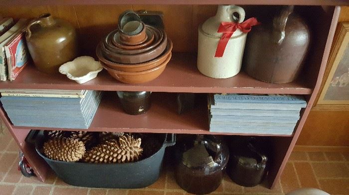 Vintage mixing bowls, jugs, crocks, big tin bucket