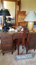 Antique desk and chair,table lamps, cats, french bulldog