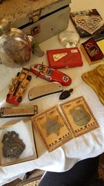 HARMONICAS, REPLICA BADGES, DICE, OLD TOY CARS