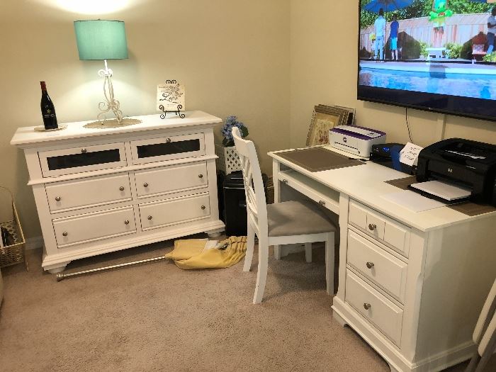 White desk, chair and entertainment or what ever unit TV not for sale
