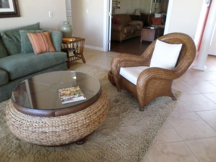 Tommy Bahama Style Chair & Roud Coffee Table with Glass Top