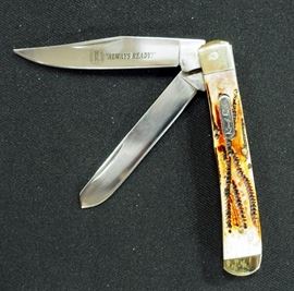 Rough Rider RR154 Trapper Pocket Knives, Qty 3, 4-1/8" Closed, Stainless Clip & Blades, Stag Bone Handles, Nickel Silver Bolsters & Inlay Shield, NIB