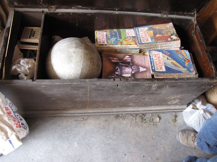 Old chest with Popular Mechanics and others, Moon globe and....