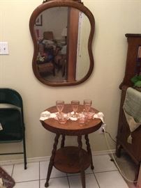 Oak Mirror and round tiger oak table with barley twist legs