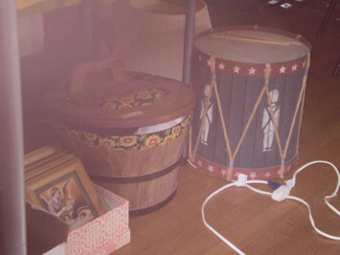 Drum, sewing box, pictures