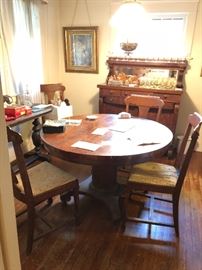 oak pedestal table & 6 chairs, no leaves