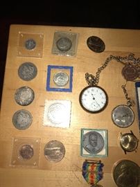 some Morgan silver dollars, 2 pocket watches etc