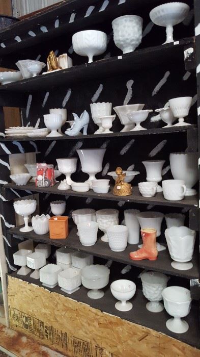 Lots of milk glass for your wedding decor or craft projects