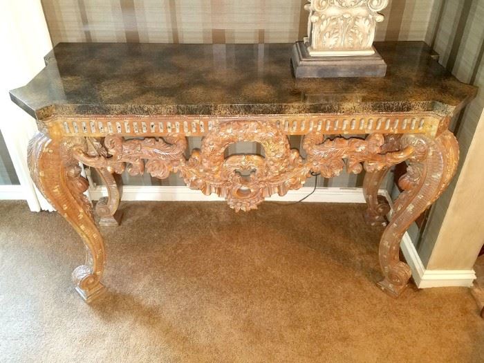 Wood credenza with faux stone top purchased from LBrandys. 55"W x 23"D x 33-1/2"H