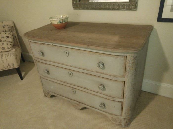 $250.00 Rustic distressed large dresser.  Light blue and white washed wood.  Missing one knob at the bottom.   W-46.5 D-24 H-33.5