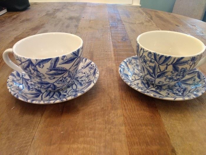 $10.00 2 large blue and white tea cups with saucers.  Prunus by Berleigh 