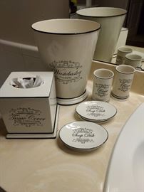 $30.00 6 piece bathroom set.  White and black with french writing