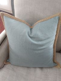 $30.00 for the pair.  Pottery Barn light blue pillow with burlap braid edging. 20x20"