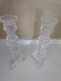 $15.00 pair of heavy glass candle holder 10" tall (one is chipped see picture.)