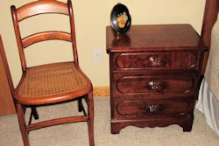 three drawer night stand caned chair