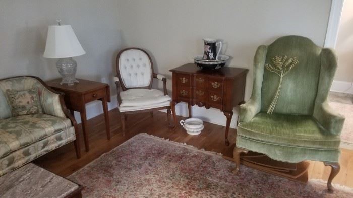 One of two wing chairs, lowboy, one of two end tables, Arm chair, one of two lamps, bowl and pitcher